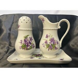 Vintage Lefton China 3pc Set Muffineer Creamer Pitcher Tray MidCentury Japan